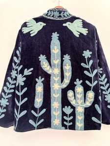 เสื้อแจ็คเก็ตกำมะหยี่ปักลายกระบองเพชร เสื้อแจ็คเก็ตกำมะหยี่ปักลายกระบองเพชรพร้อมลายรูปนก ชุดลำลองสไตล์โบฮีเมียนทรงหลวมแขนยาว - Product Image 1