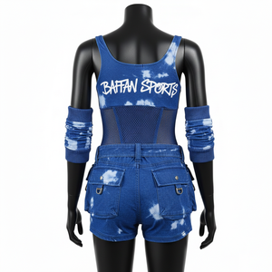 Traje de baño para mujer, 225 GSM, poliéster y spandex de alta elasticidad, estilo denim, azul océano, panel de malla, logotipo sublimado. - Product Image 2