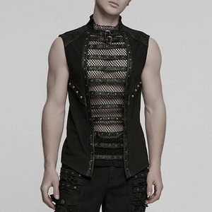 เสื้อกั๊กตาข่ายสไตล์พังก์สีดำสำหรับผู้ชาย แต่งหมุดและหนังเทียม ขายส่ง ปี 2026 - Product Image 1