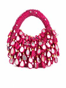 Bolso de Mano Rosa con Cuentas en Forma de Media Luna y Detalles de Espejo, Estilo Bohemio, con Asa Superior, para Mujer, para Fiestas y Bodas - Product Image 3