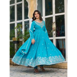 Vestidos de noche de diseñador-Vestido Anarkali para fiestas con trabajo de hilo y secuencia - Product Image 2