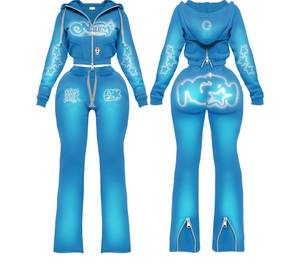 Winter Outfits Waffle Knit Zip up Fur Collar <b>Hoodie</b> Jacket and Flare Pants Women Custom Two Piece <b>Workout</b> Fitness Tracksuits Set - Product Image 4