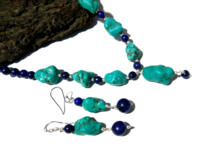 Collier de perles en pierres précieuses naturelles turquoise et lapis-lazuli, ensemble de bijoux bohèmes en argent sterling pour femmes et unisexe, troisième marque
