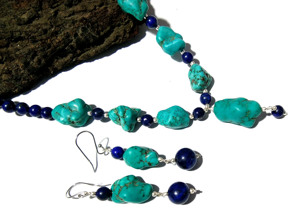 Collier de perles en pierres précieuses naturelles turquoise et lapis-lazuli, ensemble de bijoux bohèmes en argent sterling pour femmes et unisexe, troisième marque - Product Image 2