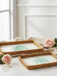 Plateaux de service tressés en rotin faits à la main, best-sellers, avec motif de feuilles vertes, ensemble de plateaux décoratifs pour la maison, au meilleur prix - Product Image 4