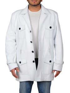 Chaqueta Safari de Cuero Blanca de Alta Calidad con Bolsillos Tipo Cargo, Parka Larga para Hombre con Cuello Alto, Impermeable y Resistente al Viento - Product Image 5