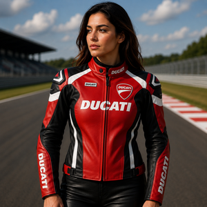Blouson de course en cuir unisexe Ducati, manches longues, imprimé par transfert thermique, coupe-vent, rouge, noir, blanc, logo avant, printemps, adultes - Product Image 1