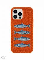Étui de téléphone brodé à la main avec perles, thème ange, rayures bleues et blanches, forme rectangulaire, base textile, B H CRAFTS
