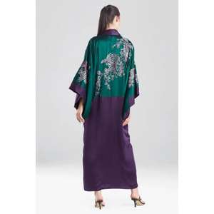 Robe de nuit de luxe pour femme en satin, style kimono, longue, à taille naturelle, imprimé floral, manches longues, ouverte sur le devant, avec ceintures - Product Image 1