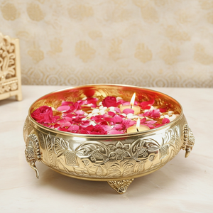 Bol de service traditionnel en aluminium doré de haute qualité, artisanal, avec motifs en relief, design artistique de plantes/fleurs, décoratif pour la maison, mariage - Product Image 2
