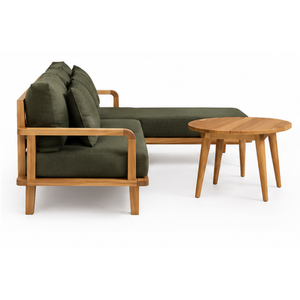 Conjunto de Sofá en Forma de L para Exteriores de Madera de Teca Sólida con Cojines Verde Oliva Oscuro y Mesas de Centro Redondas para Patio, Piscina, Hotel, Resort - Product Image 3