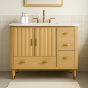 Fluted <b>Wood</b> <b>Bathroom</b> Vanity <b>Cabinet</b> TPF-BV-FL1, Natural Oak Color 36 48 60 Inch, KD Flat Pack, Vietnam OEM - Product Image 3