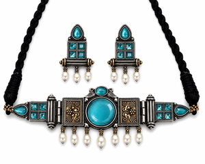 Joyería Bohemia Vintage para Mujer al por Mayor, Chapada en Plata Oxidada de Dos Tonos, con Piedra Monalisa, Conjunto de Gargantilla y Pendientes con Engaste de Bisel - Product Image 1