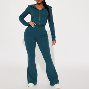 Breathable Cropped Women's 2 Piece Knitted Hooded Zipper <b>Top</b> With Flared Pants Solid Zinc Casual Set Full Sleeve Washed Set - Product Image 1
