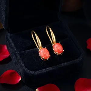 Boucles d'oreilles pendantes ovales en jade rouge, plaqué or 18 carats, style minimaliste, en laiton, avec fermoir crochet, délicates et tendance - Product Image 6