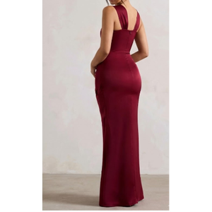 เดรสยาวสีแดงเบอร์กันดี ชุดราตรีสีแดงสำหรับผู้หญิง ชุดเดรสทรงเข้ารูปยาวสำหรับงานปาร์ตี้ ชุดเดรสผ่าหน้า ชุดเดรสคอเหลี่ยมสำหรับผู้หญิง ชุดเดรสสำหรับงานทางการ - Product Image 4