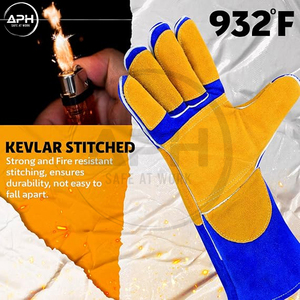 Guantes de Soldadura de Cuero Vacuno Amarillo y Azul, Guantes de Trabajo de Dedo Completo con Puño Largo, Palma Reforzada, Protección para el Pulgar, para Taller Industrial - Product Image 6