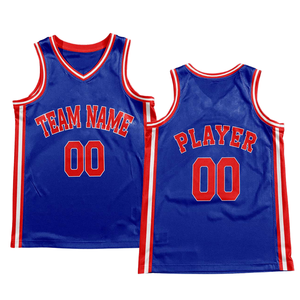 Ensemble uniforme de basket-ball bleu personnalisé style rétro avec bordure de texte rouge et blanc, maillot et short, design rétro avec nom et numéro d'équipe - Product Image 6