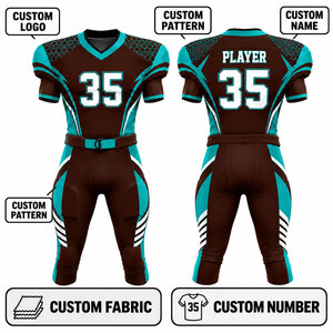 Ensemble Maillot et Pantalon de Football Américain Personnalisé Sublimé pour Homme – Col en V, Marron, Teal, Blanc – Anti-humidité, Coupe Ajustée, Manches Courtes - Product Image 3