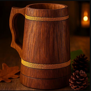 Jarra de Cerveza Vikinga Estilosa al por Mayor, Hecha a Mano, Retro, de Madera de Roble Marrón Tallada, Estilo Religioso Feng Shui, Diseño Ángel del Amor - Product Image 6