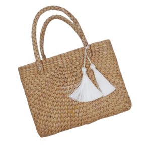 Bolso de Jacinto de Agua Hecho a Mano: Bolso de Playa de Paja Tejida con Borla - Product Image 3