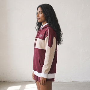 2026 <b>Women's</b> Color Blocked Hoodie Maroon Beige <b>Fleece</b> Pullover Sweatshirt Drawstring Pocket Casual. - Product Image 6