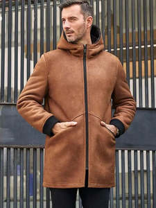 Men's Brown Suede Leather Hooded Jacket With <b>Faux</b> <b>Fur</b> Lining Windproof Winter <b>Coat</b> Casual Style Regular Fit Long Length - Product Image 1