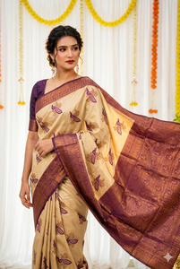Sari de seda morado y beige con estampado de pavo real, ropa tradicional india para bodas, para mujeres - Product Image 6
