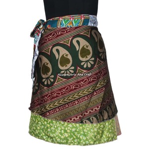 Vintage Silk Sari Women Wear Two Layer <b>Beach</b> Wear <b>Wrap</b> Around Reversible Mini Skirt Dress Magic Bohemian Boho Hippie Gypsy Mini - Product Image 5