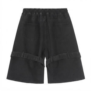 Custom Logo <b>Black</b> Baggy Denim <b>Shorts</b> with Elastic Waist Drawstring, Streetwear Long <b>Jean</b> <b>Shorts</b> with Strap Detail Wholesale - Product Image 2