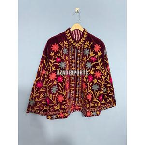 Hand Embroidered Quilted <b>Velvet</b> Mandarin Collar Jacket Full Sleeve Floral Pattern <b>Women's</b> Autumn Winter Wear Elegant Style - Product Image 4