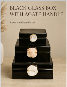 Coffret de rangement pour bijoux en verre noir avec poignée en agate naturelle, bordure plaquée or, finition haute brillance, organisateur décoratif pour souvenirs - Product Image 4