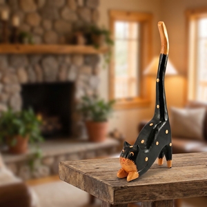 Figurine de chat artisanale en bois d'albizia noir avec des points bruns, queue levée, pose en saut, décoration rustique pour la maison, statues d'animaux, ornement, cadeau - Product Image 2