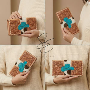 Portefeuille en cuir artisanal personnalisé avec motif de chapeau de cowboy turquoise en peau à poils apparents, style western, pochette zippée pour femme - Product Image 3