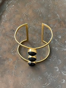 Gold Plated Brass Onyx Open Cuff <b>Bracelet</b> Classic Handmade Jewelry Unisex Fashion Bangles Bezel Setting Four Gemstone Design - Product Image 2