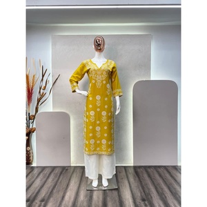 DISEÑADOR RAYON HILO DE ALGODÓN BORDADO TRABAJO KURTI CON PALAZZO AMARILLO - Product Image 2