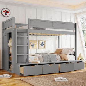 Letto a Castello in Legno Massello con 4 Cassetti Contenitore, Sponde di Sicurezza a Tutta Lunghezza, Armadio Integrato per Bambini, Senza Box S - Product Image 3