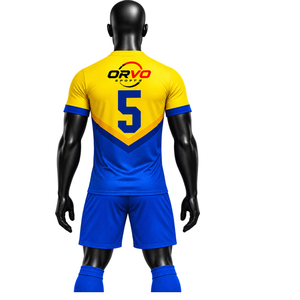 Conjunto de Uniforme de Fútbol ORVO Sports para Hombre, Camiseta Amarilla y Azul de Manga Corta con Cuello en V, Número 5, Poliéster, Logotipo Personalizado, Diseño Personalizable - Product Image 3