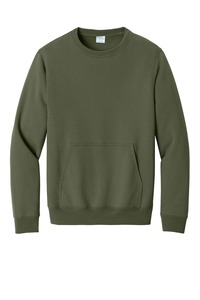 Sweat-shirt à col rond uni vert olive, avec poche kangourou, pull-over en coton vierge - Product Image 2