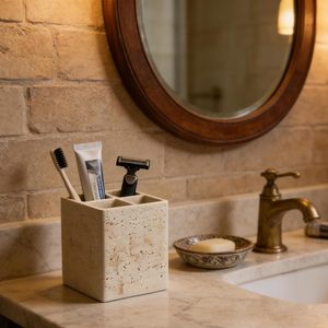 Porte-brosses à dents en travertin naturel pour salle de bain, support pour brosse à dents électrique et dentifrice, 3 emplacements pour brosses à dents - Product Image 3