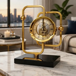Geometric Brass Desk <b>Clock</b> Mechanical Movement Silent Contemporary Design Decorative Timepiece for Living Room <b>Table</b> And Bedroom - Product Image 1