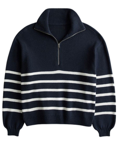 <b>Men's</b> Navy Striped Quarter Zip <b>Sweater</b> Lantern Sleeve Knitted Pullover Turn-down Collar Winter Wear Anti-Pilling 100% Cotton - Product Image 1