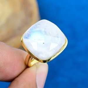 Handmade Natural Rainbow <b>Moonstone</b> Square Shape Gemstone 18k Gold Micron Over 925 Sterling Silver <b>Rings</b> - Product Image 1