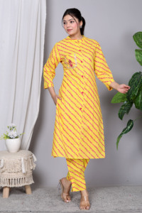 NIYANI Salwar Kameez Amarillo y Rosa con Rayas Diagonales de Algodón, Secado Rápido, Antiarrugas, para Mujer, Tradicional, Casual, Verano - Product Image 4