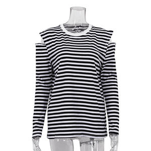 Camiseta de manga larga con hombros descubiertos y estampado a rayas para mujer, cuello redondo, tops de otoño - Product Image 3