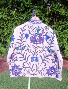 Knitted Hand Embroidered Floral Cotton <b>Jacket</b> Breathable Eco-Friendly Stand Autumn Winter Batwing Sleeve Three Quarter Women's - Product Image 6