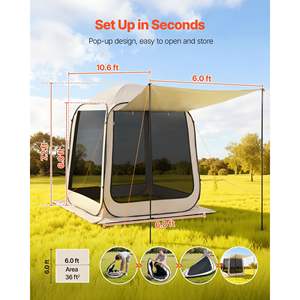 Beige 6 X 6 ft <b>Pop</b>-Up Screen House Tent for 4-6 People Portable Screened Canopy Extended <b>Awning</b> Carry Bag for Patio Backyard - Product Image 2