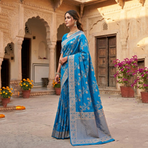 Sari en soie Banarasi bleu royal, design tissé riche en Zari |   Tenue Traditionnelle Indienne pour Diwali, Cérémonies et Fêtes, Infroissable et Séchage Rapide - Product Image 1