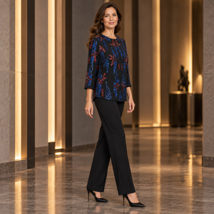 <b>Sequined</b> Floral Evening <b>Top</b> Round Neck Three Quarter Sleeves Relaxed Shape | Black Blue Red Embellished Formal <b>Party</b> Blouse <b>Top</b> - Product Image 2