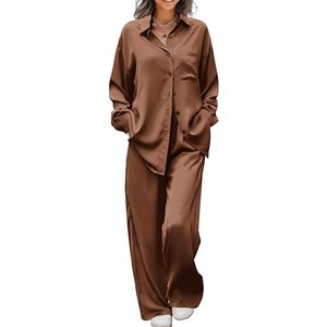 Satin Pajama Set Classic Notch Collar Full Sleeve Button Front Straight <b>Pants</b> Loungewear - Product Image 1